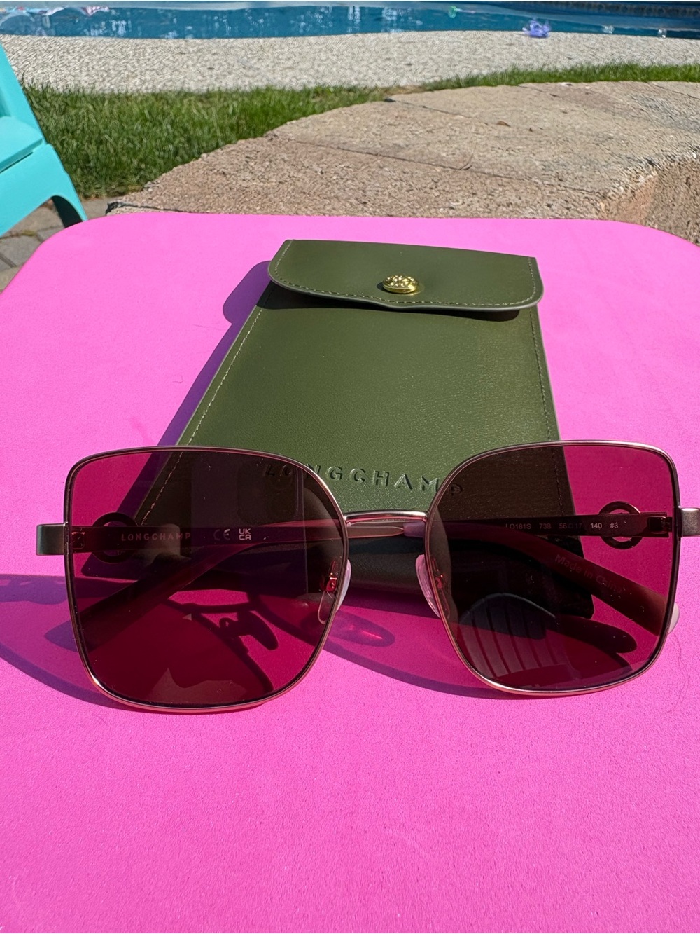 Longchamp Olive Green Case with Burgundy-Tinted Sunglasses